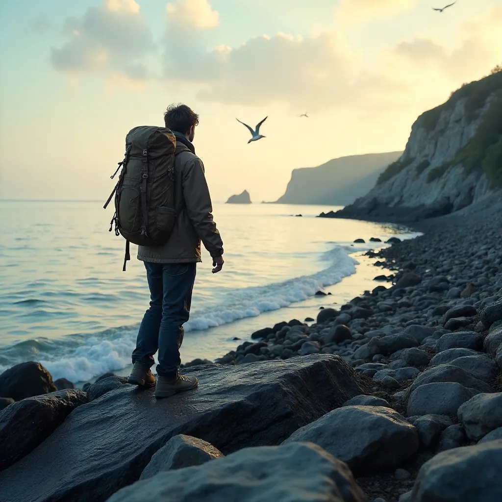 Lone Hiker on a Rocky Shoreline