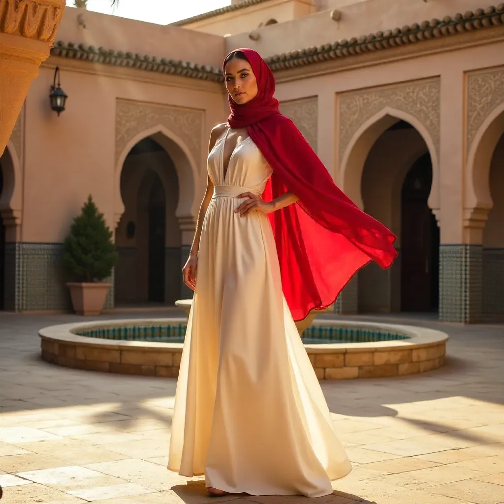 Red-Headscarfed Stylist in Marrakesh Courtyard