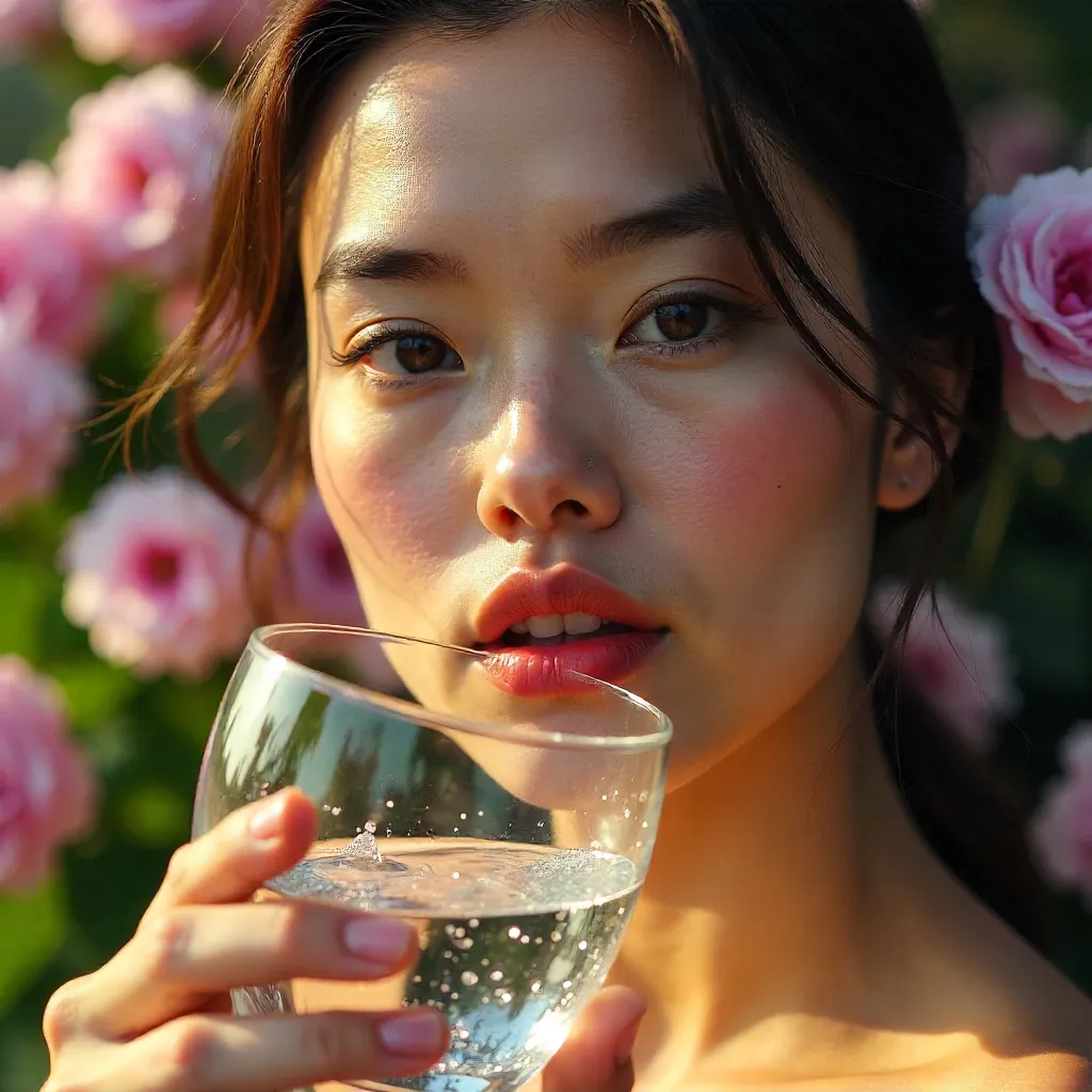 Distorted Reflection Through Water Glass Over Flowers
