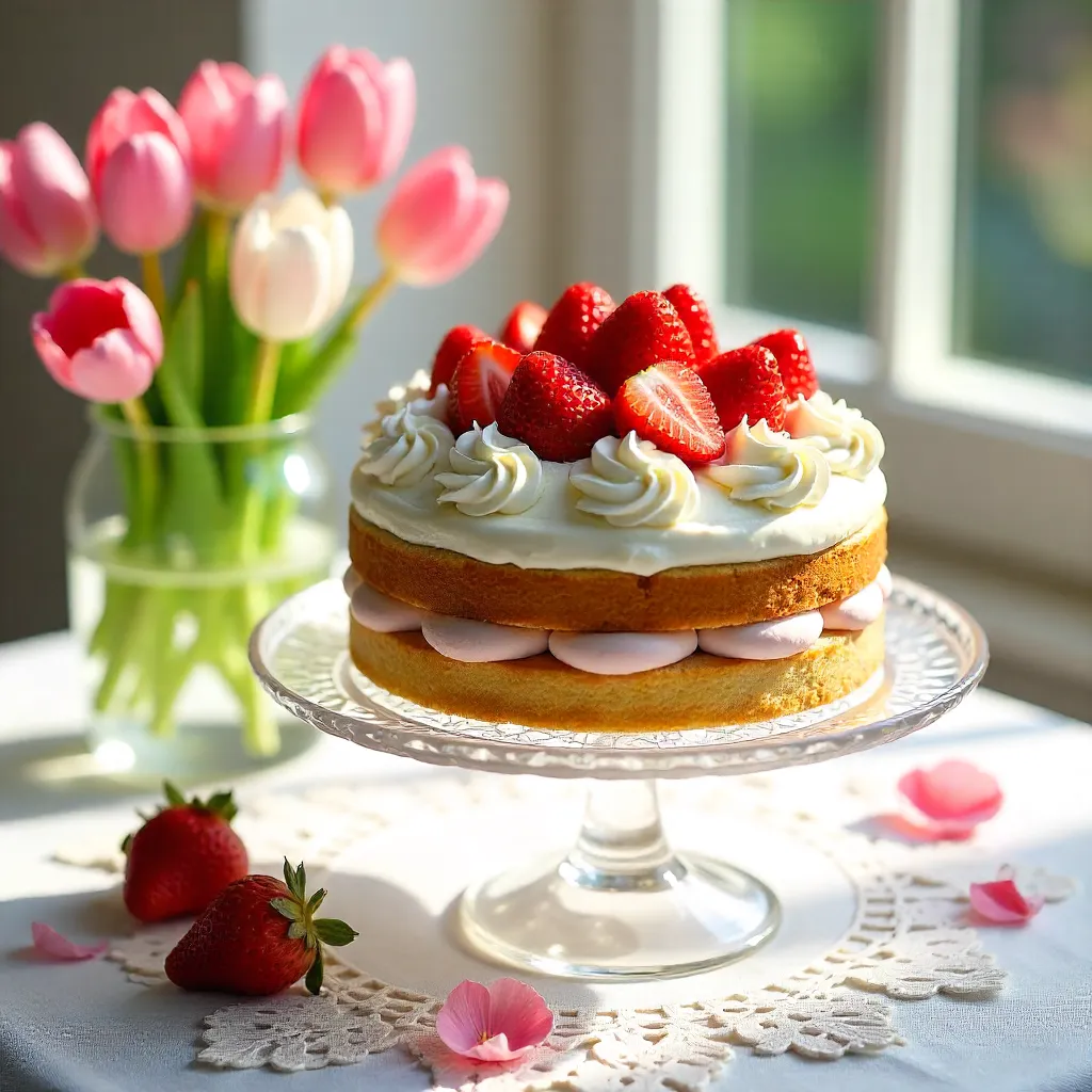 Elegant Strawberry Cake with Cream and Tulips on Lace