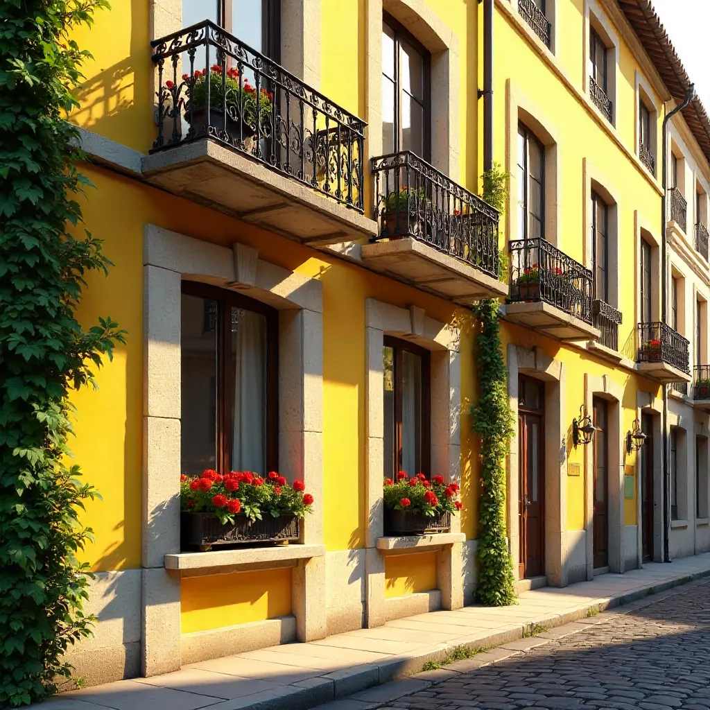 Sunlit Yellow Facade with Black Balconies: European Charm