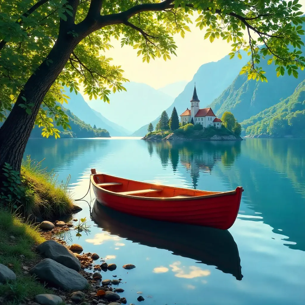 Red Rowboat on Tranquil Lake Bled