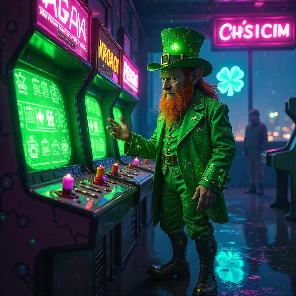 Leprechaun Cyberpunk in Neon Arcade