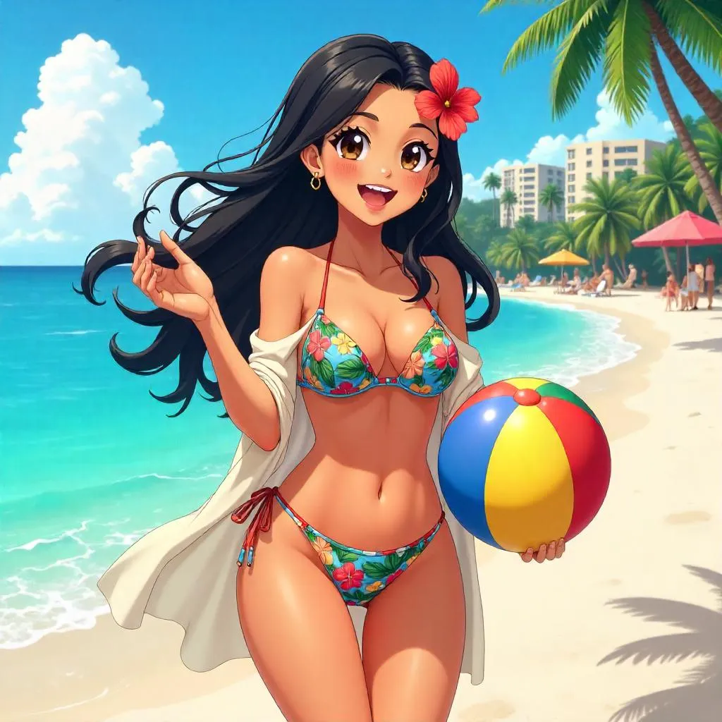 Cheerful Latina in Anime Beach Resort