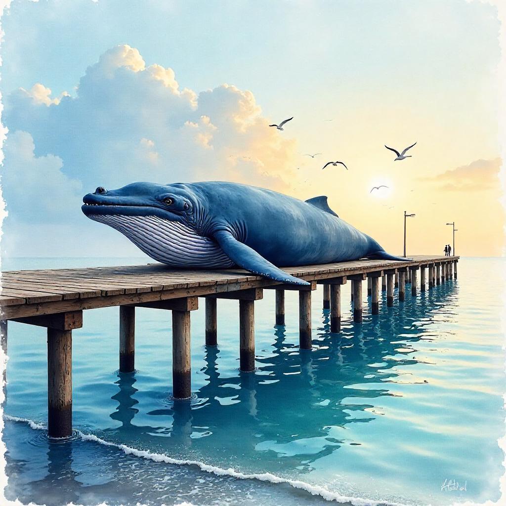 Whale on a Weathered Pier in Watercolor