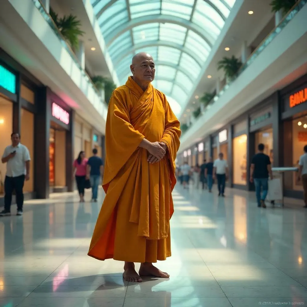 Monk in a 3D Mall: Surreal Digital Render