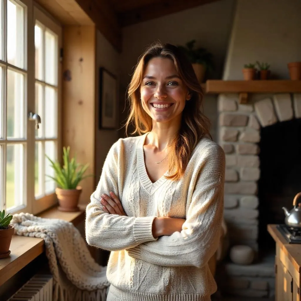 Cheerful Caucasian Woman in a Cozy Cottage