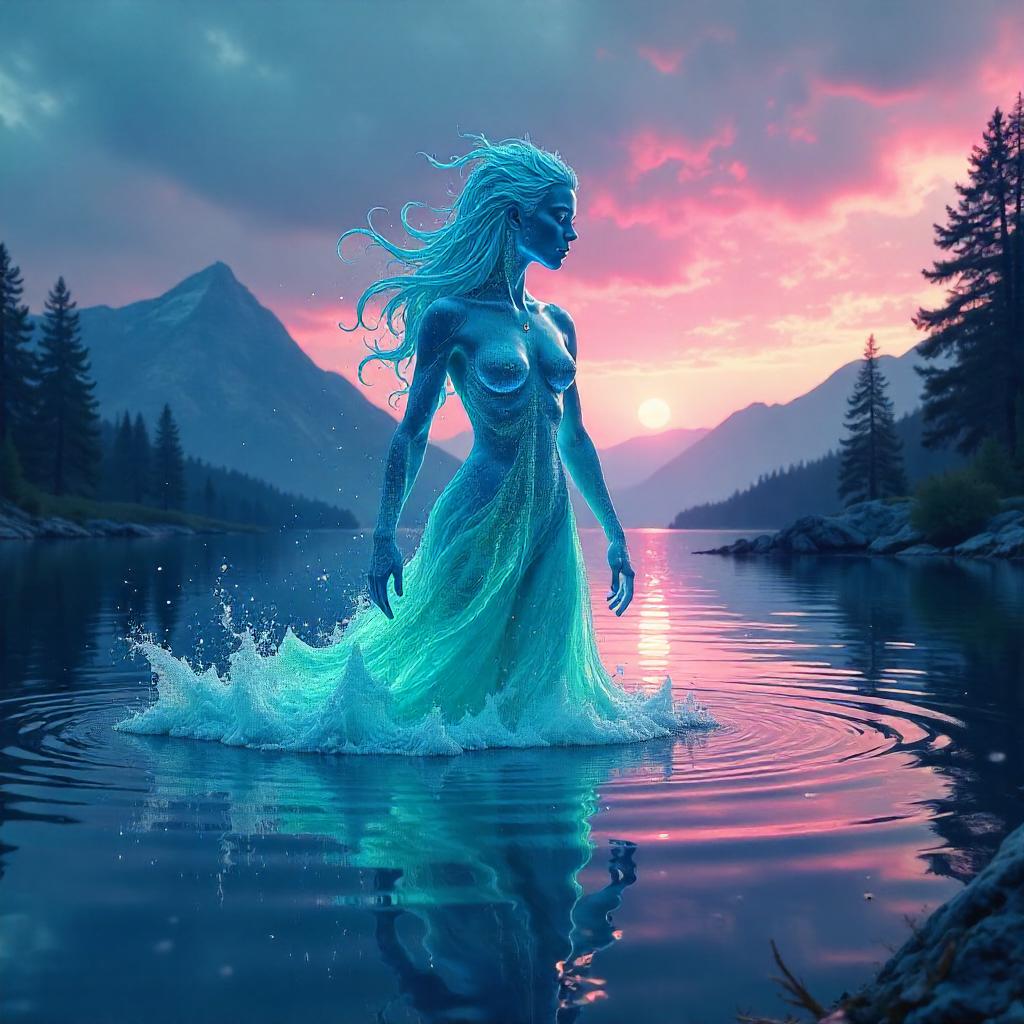 Luminous Water Elemental by a Moonlit Lake