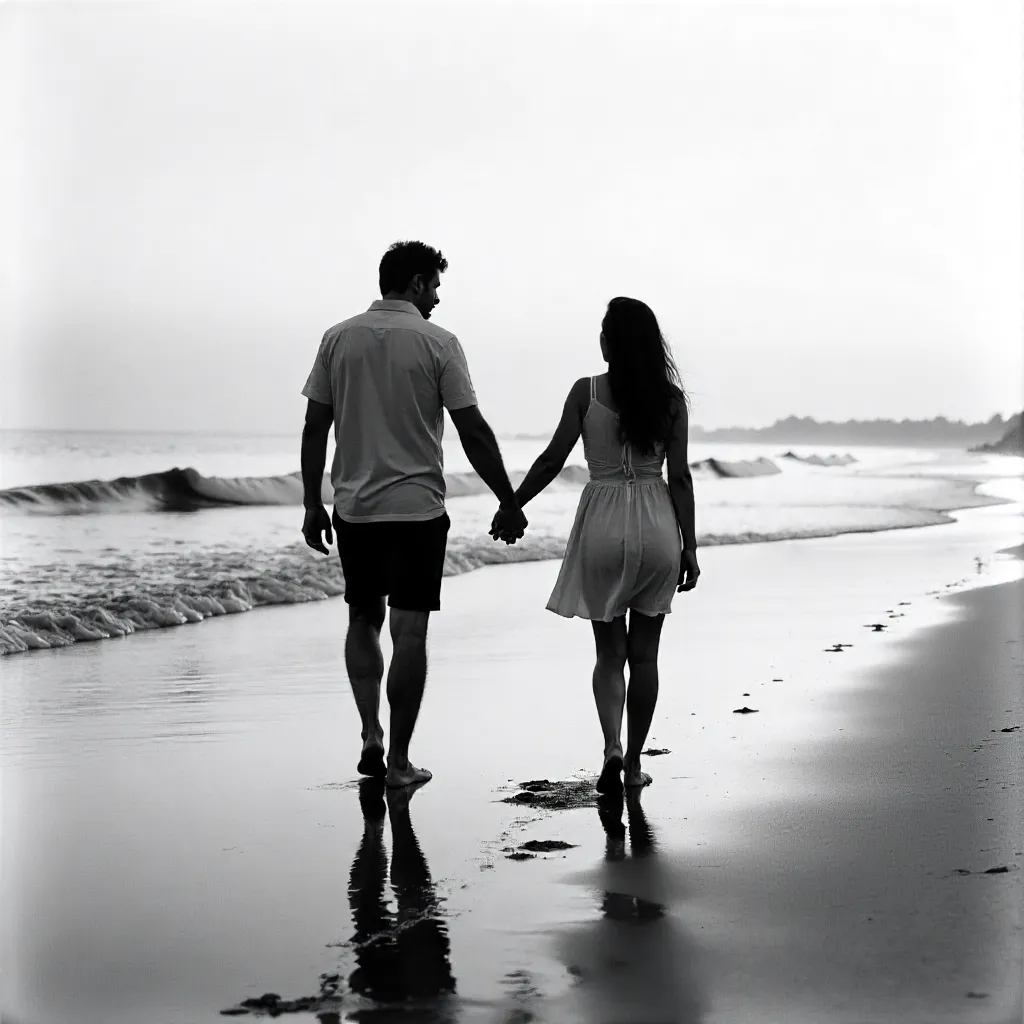 Two Silhouettes Holding Hands on a Serene Beach (B&W)