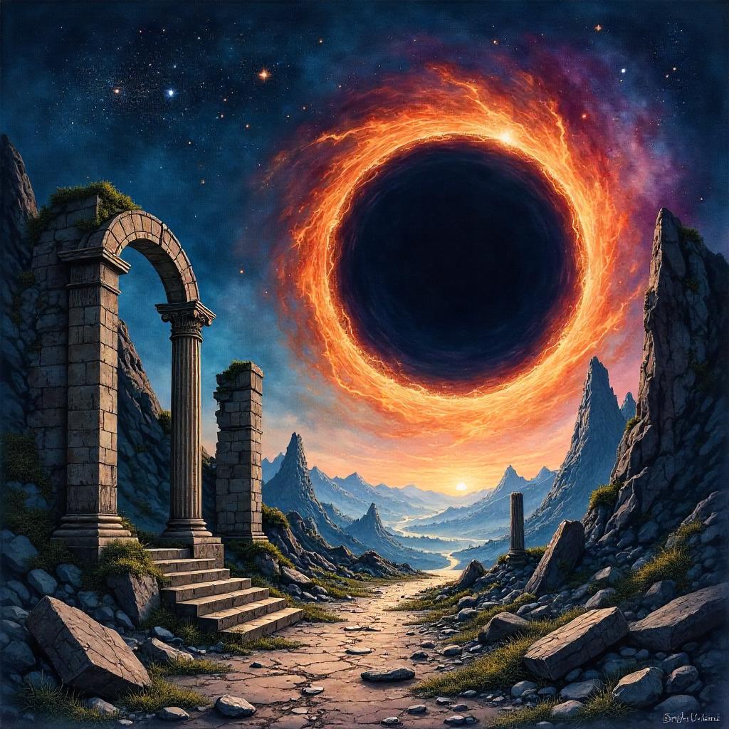 Watercolor Ruins Drawn Toward a Black Hole