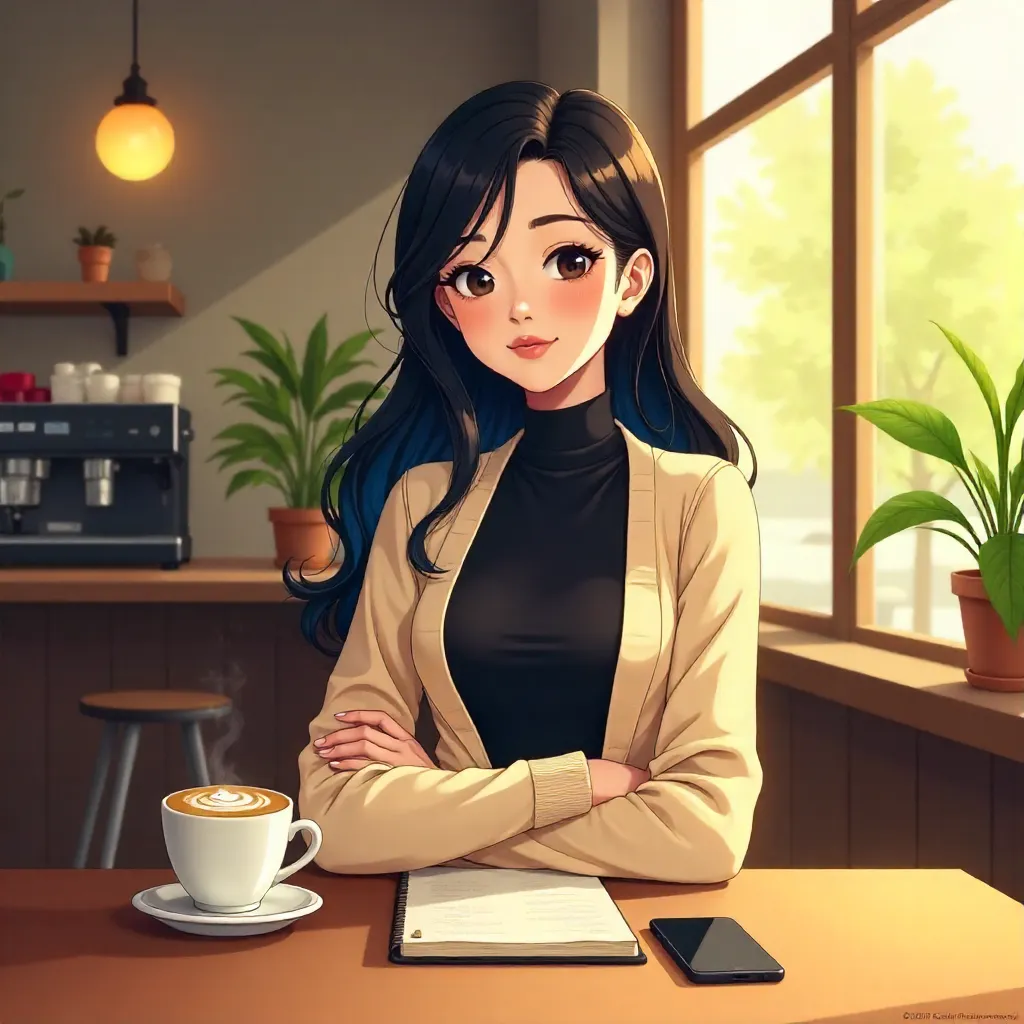 Stylish Asian Woman in a Cozy Anime Café