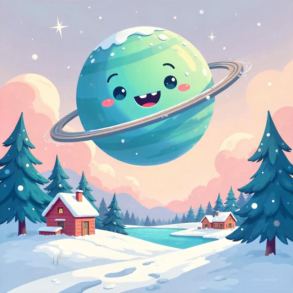 Friendly Cartoon Planet Over Snowy Landscape