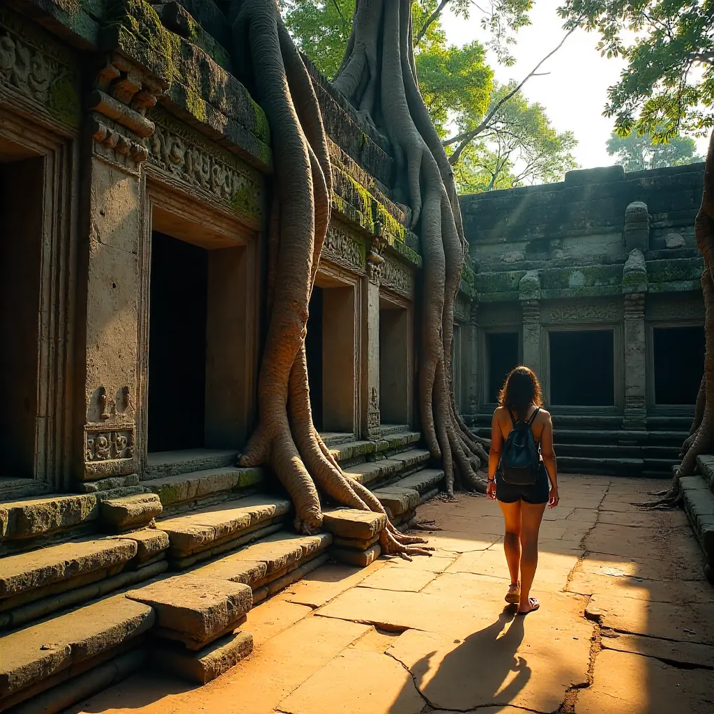 Echoes of Ta Prohm: Grove-Rooted Carvings at Dusk