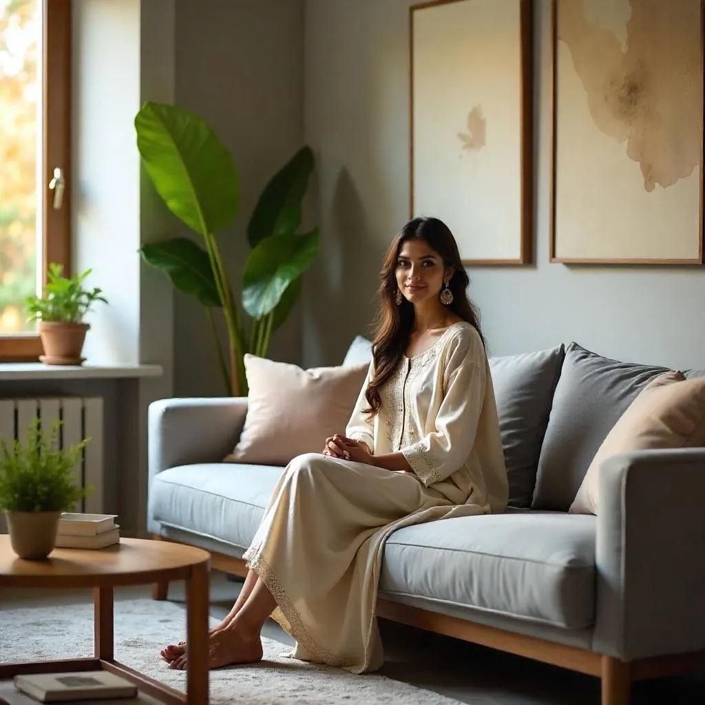 Photorealistic Indian Woman in a Modern Living Room