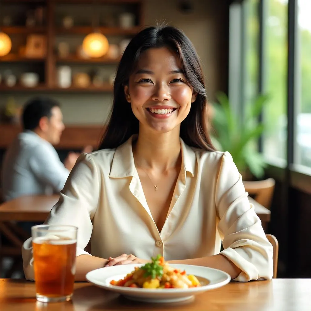 Cheerful Asian Woman Dining in a Modern Restaurant