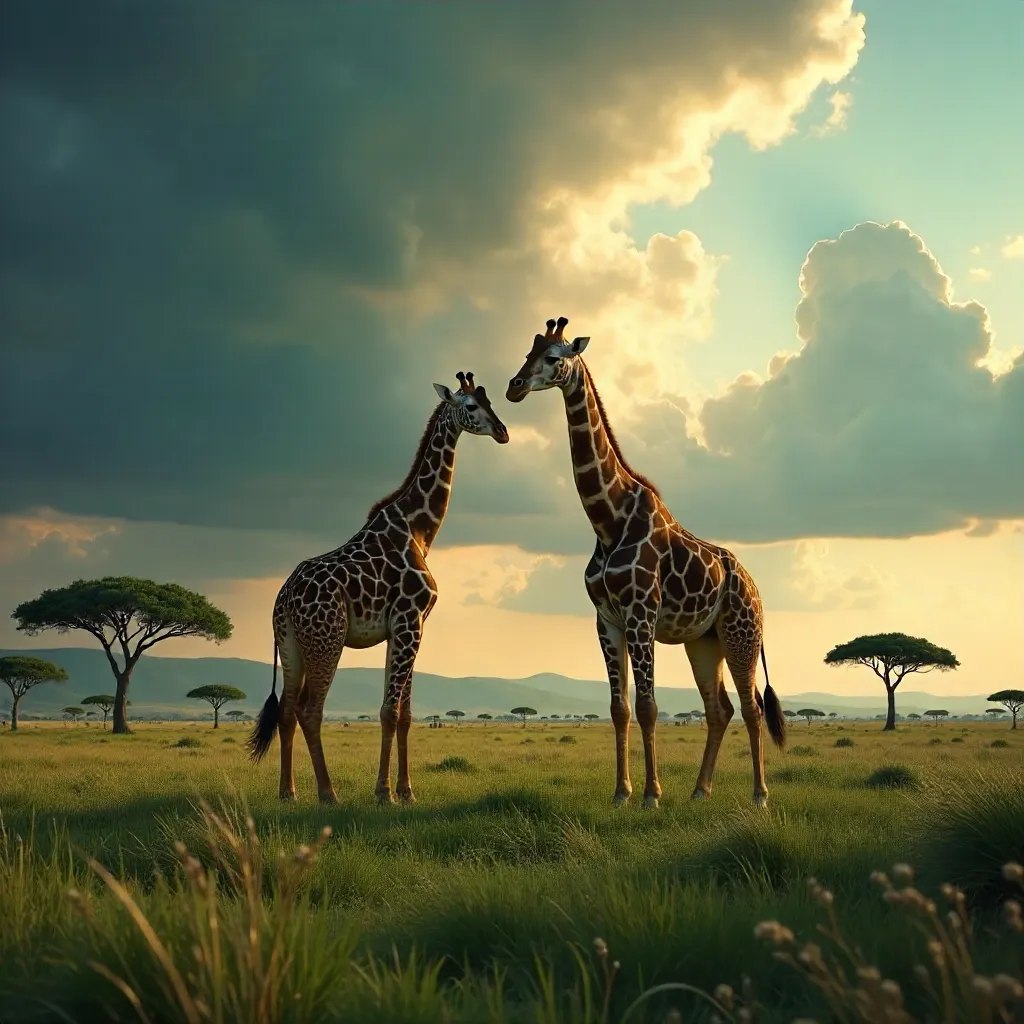 Two Giraffes Under a Dramatic Cloudy Sky