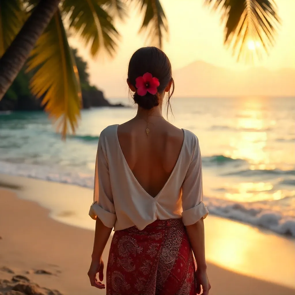 Back View of a Balinese Woman with Hibiscus