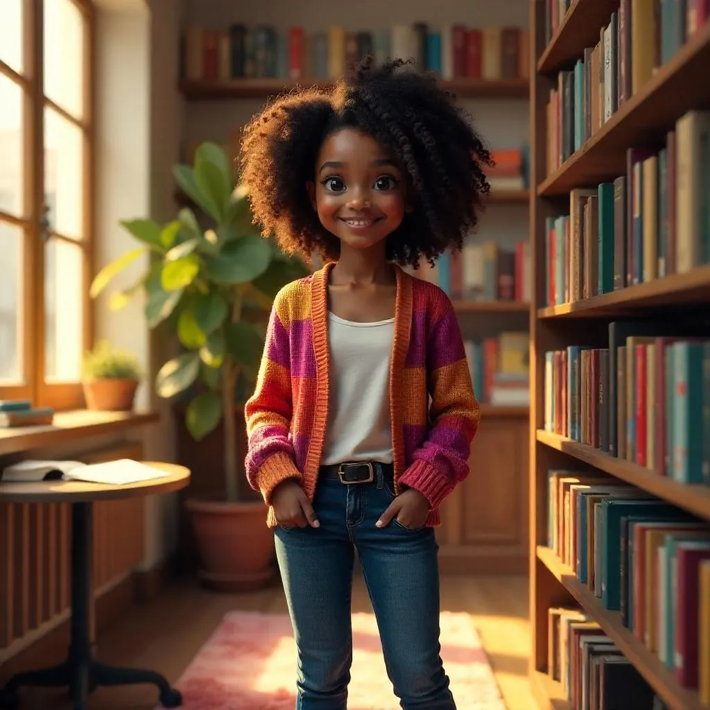 Cheerful Black Girl in a Cozy Bookstore
