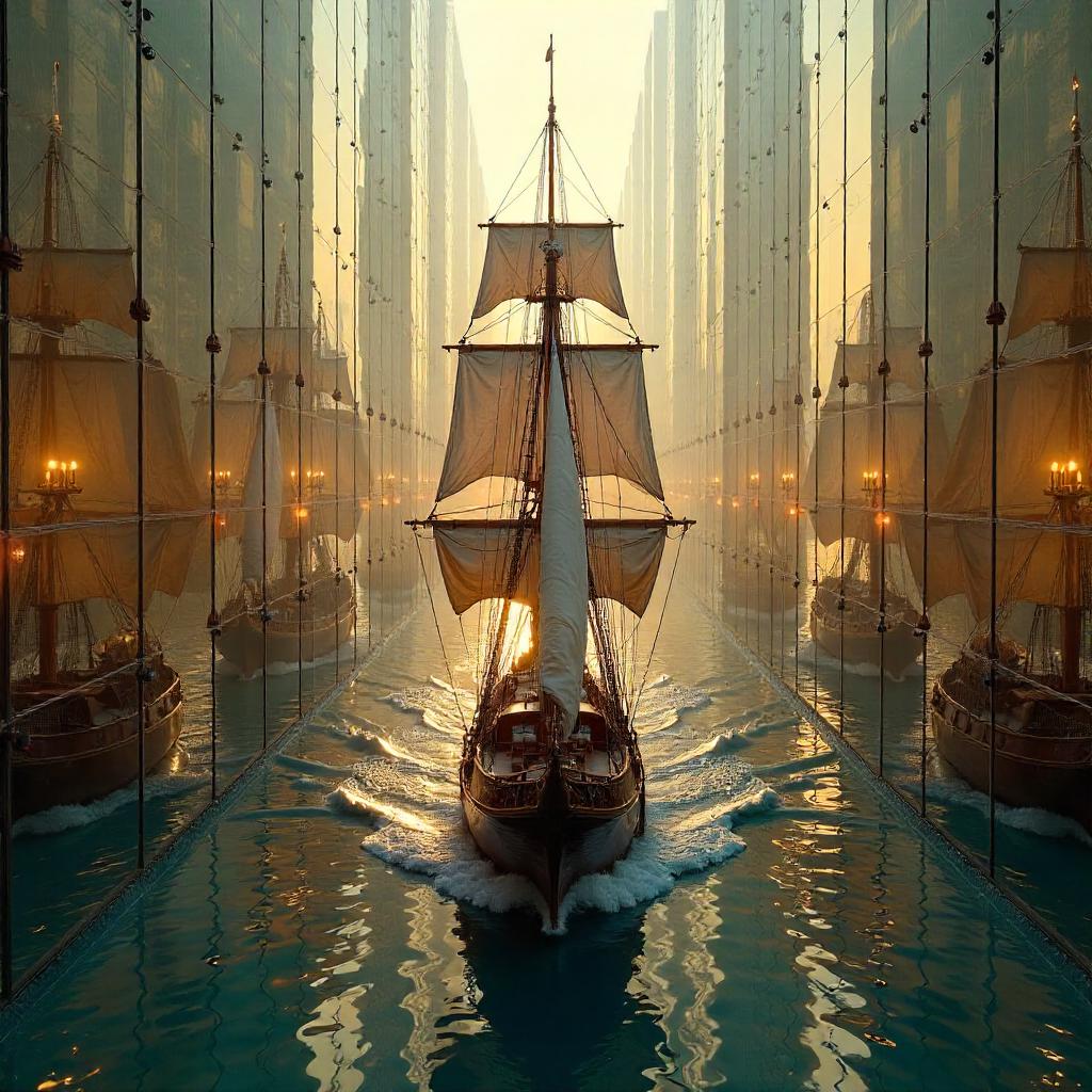 Sailing Ship in a 3D Mirror Maze