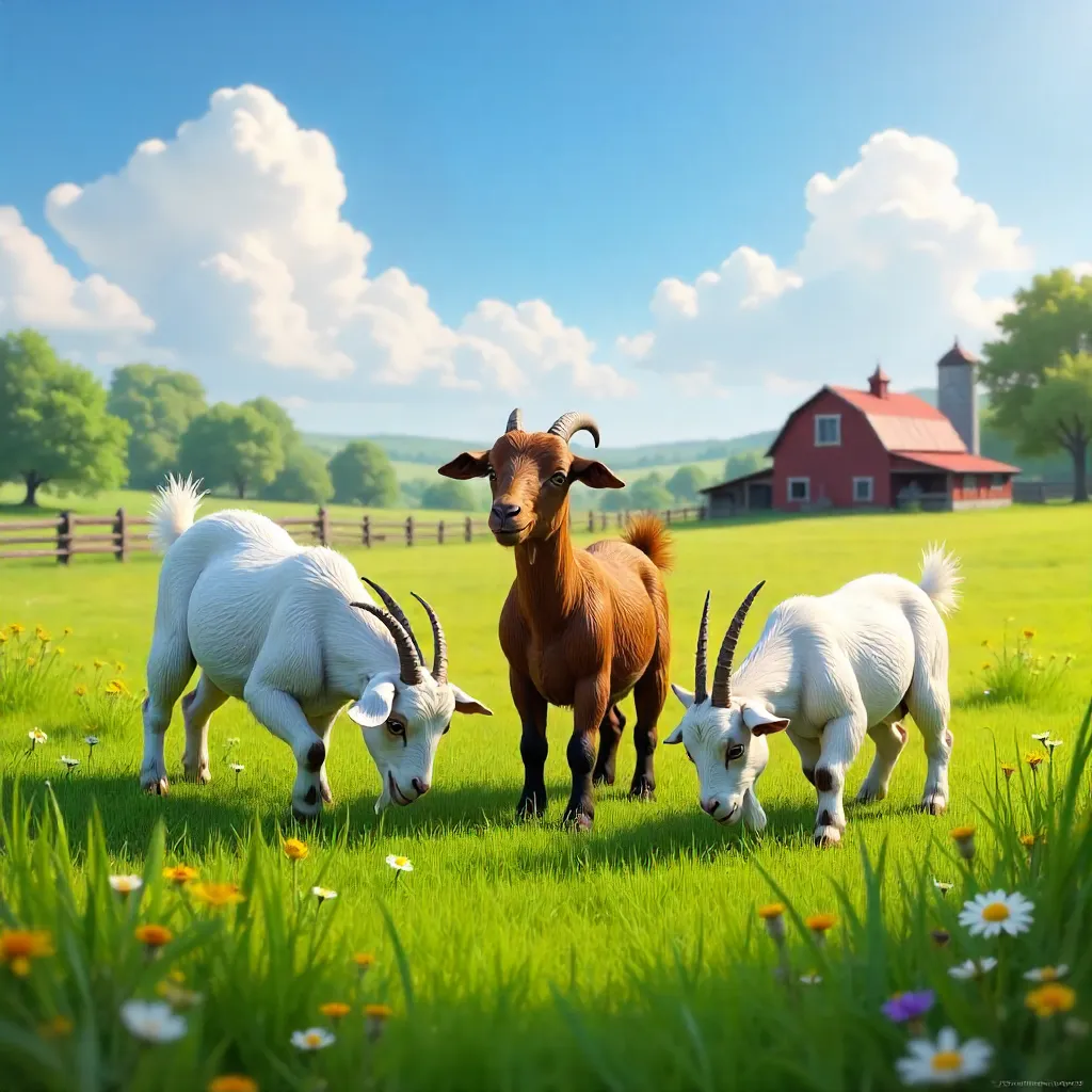 Three Goats on a Sunny Lush Meadow