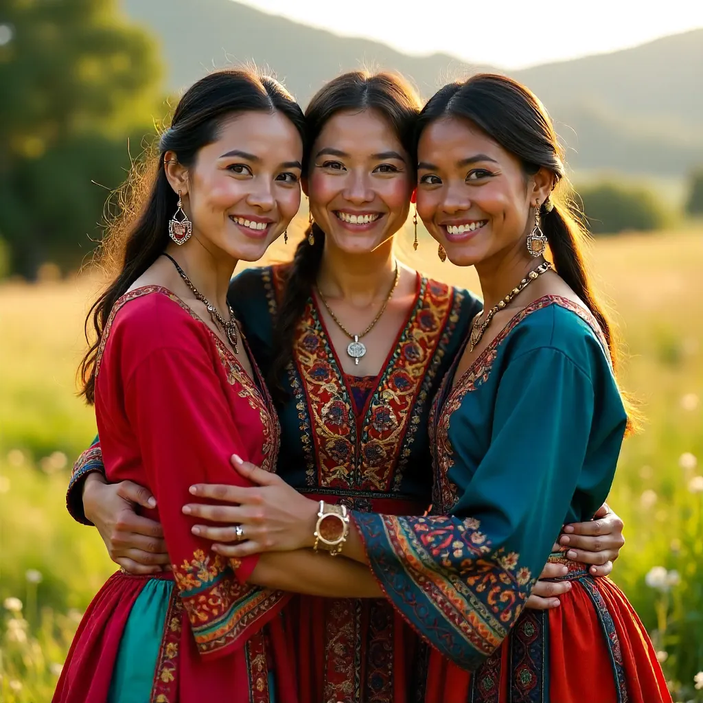Three Women in Colorful Traditional Attire Embracing Outdoors