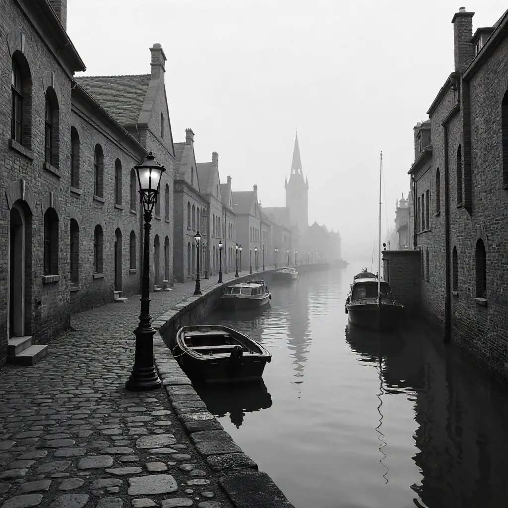 Monochrome Riverfront: Historic Waterfront Architecture