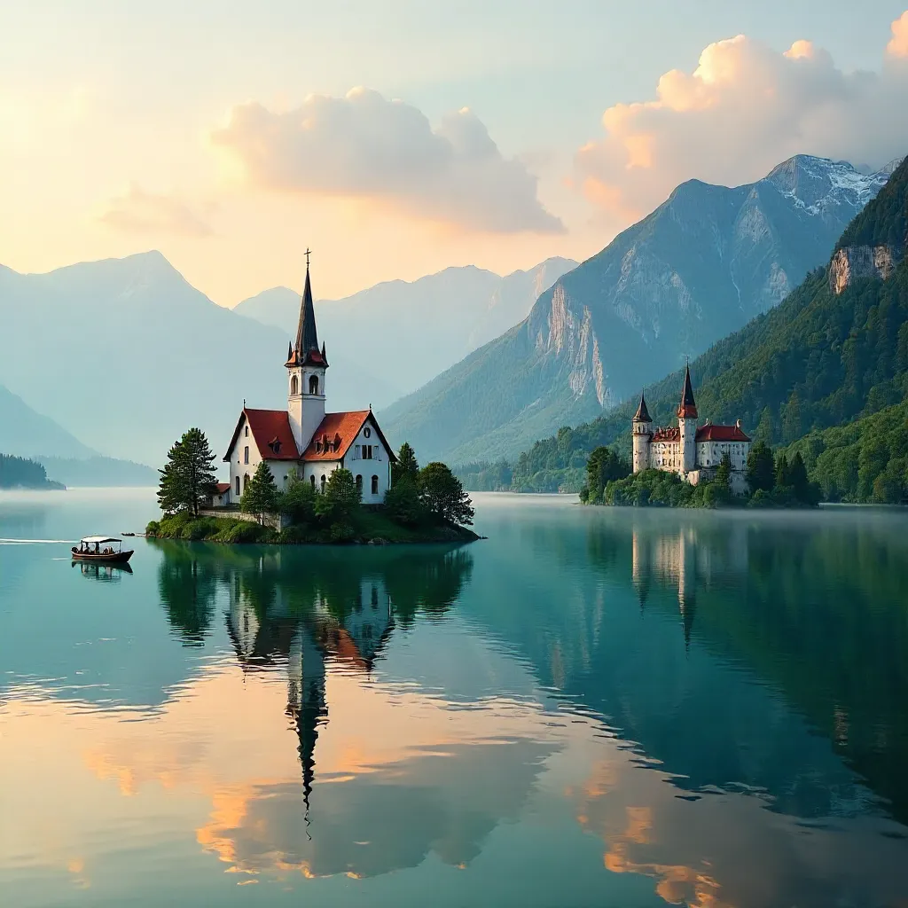 Dawn over Lake Bled: Island Church and Alps