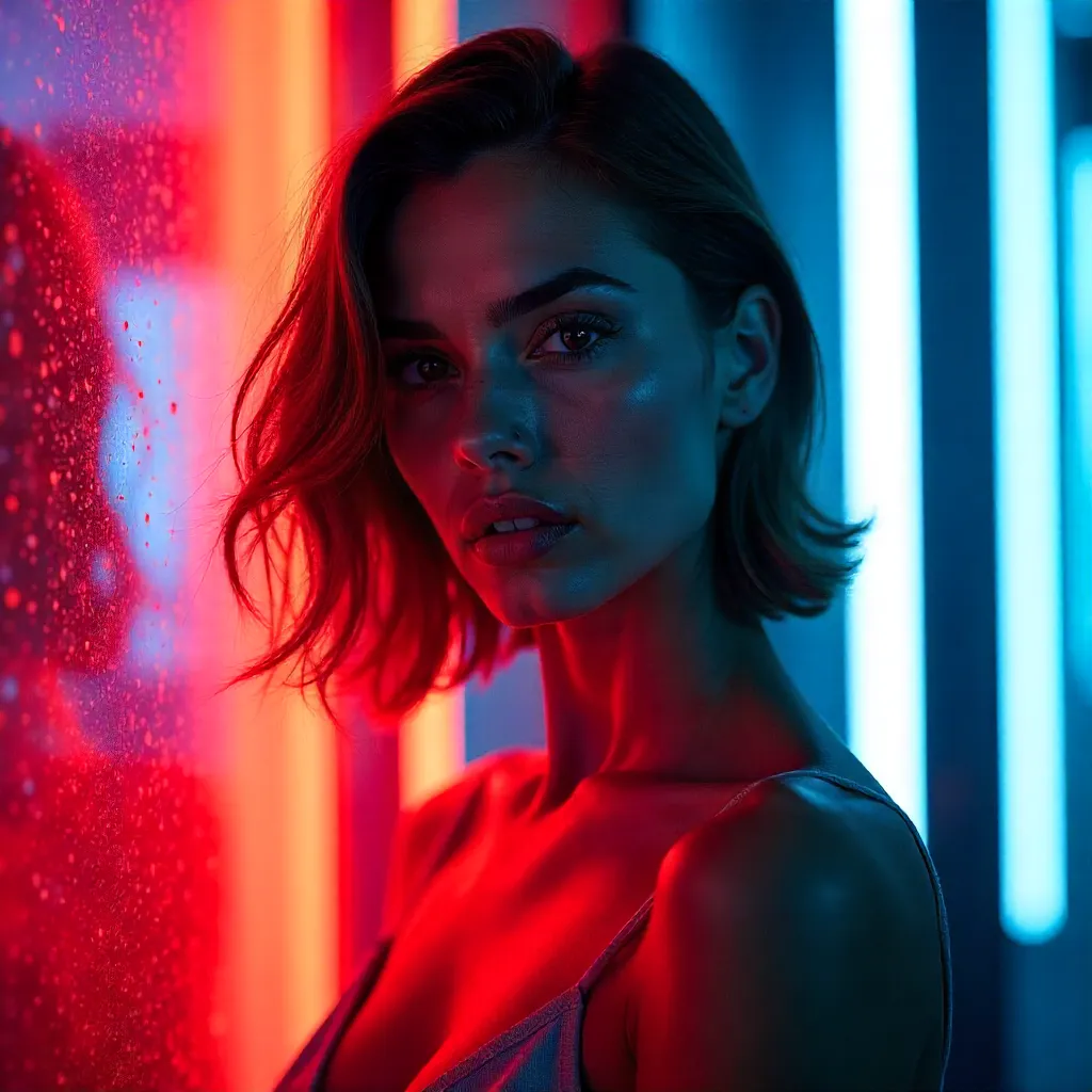 Neon Pulse Portrait: Female Model in Red and Blue Light