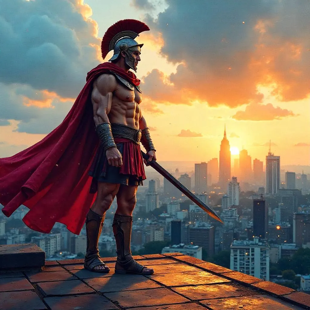 Rooftop Gladiator in Watercolor Light