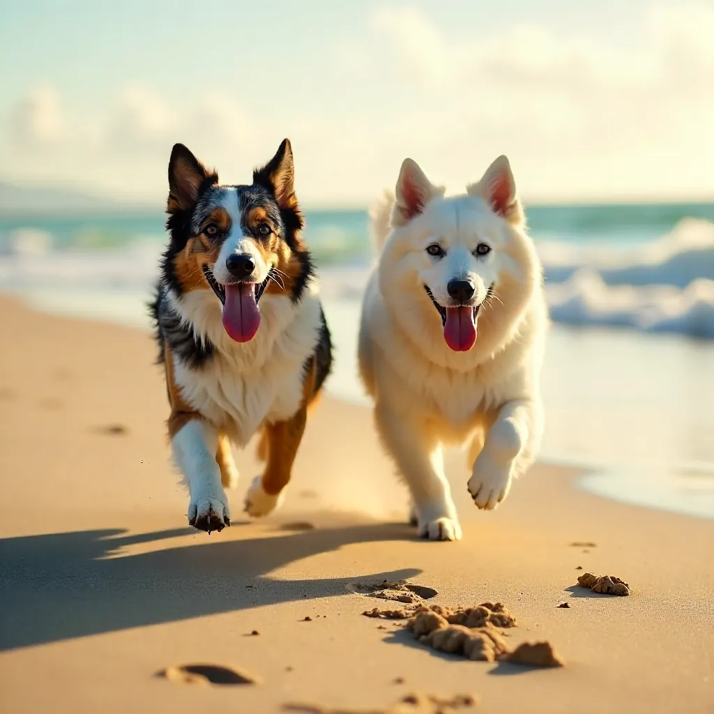 Joyful Beach Run: Aussie Shepherd and Samoyed