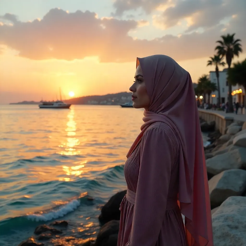 Hijab-Clad Woman by Antalya Sunset
