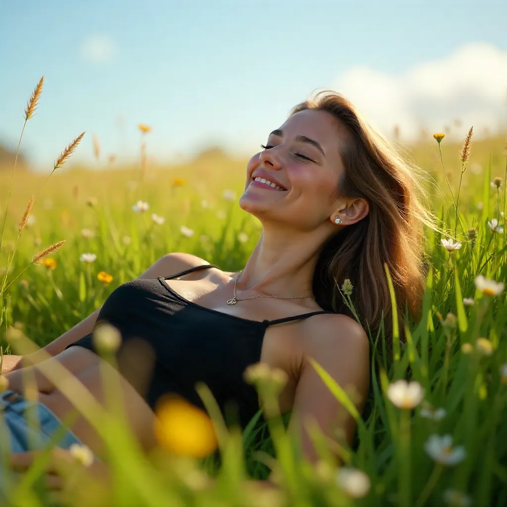 Sunlit Meadow Bliss: Woman in Black Top