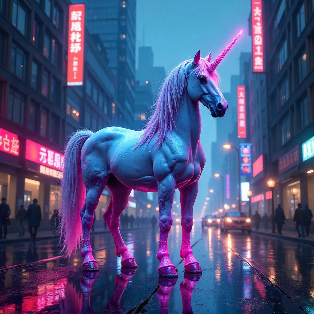 Neon Unicorn in a Futuristic Megacity
