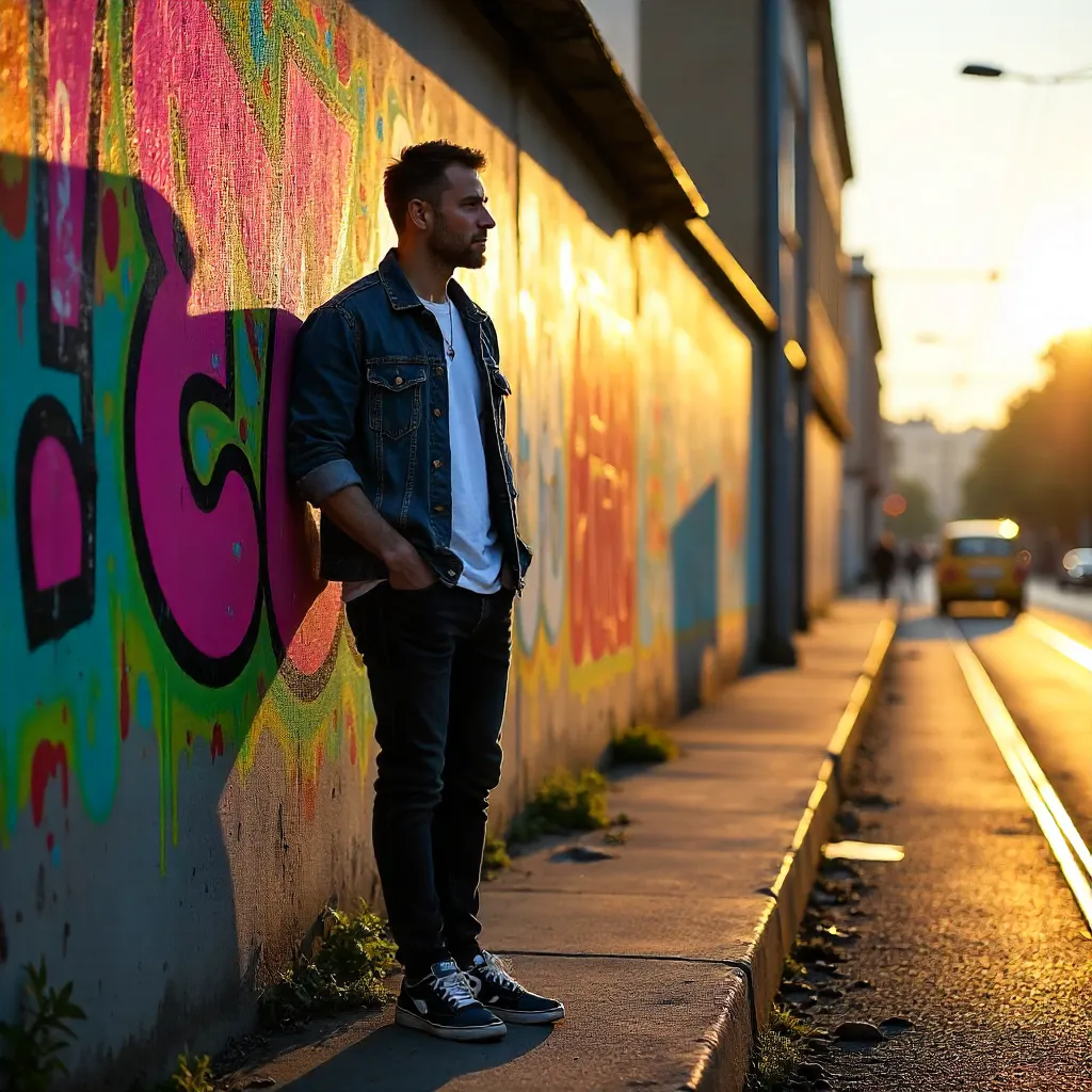 Sunlit Berlin Graffiti Wall Portrait of a Man