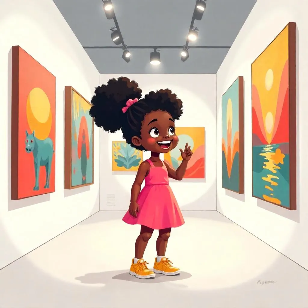 Cheerful Black Girl in a Lively Gallery