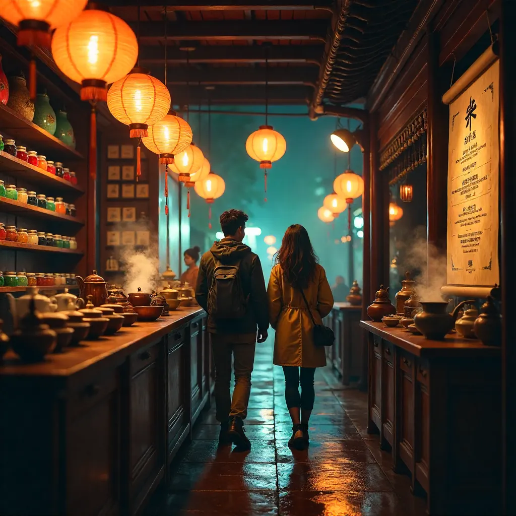 Two Wanderers in a Lantern-Lit Asian Tea House