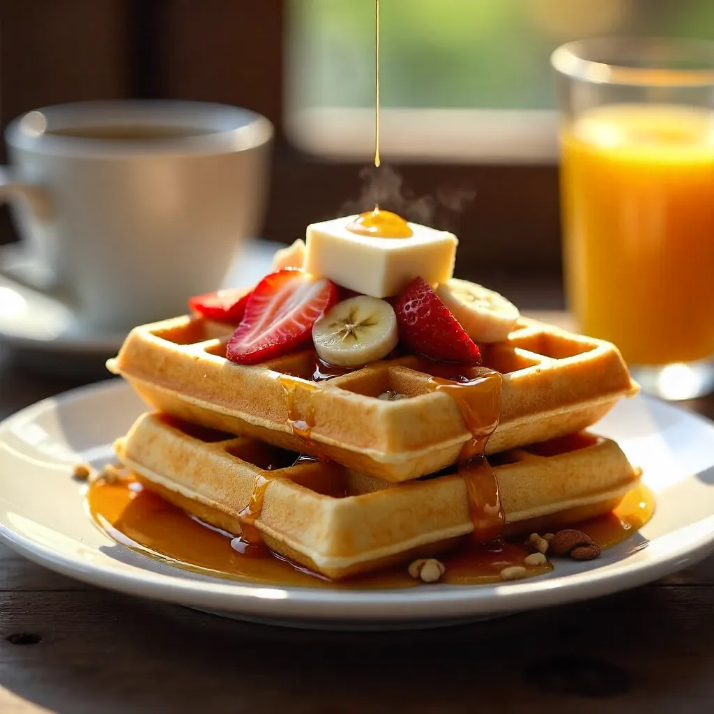 Golden Belgian Waffles with Fresh Strawberries and Bananas