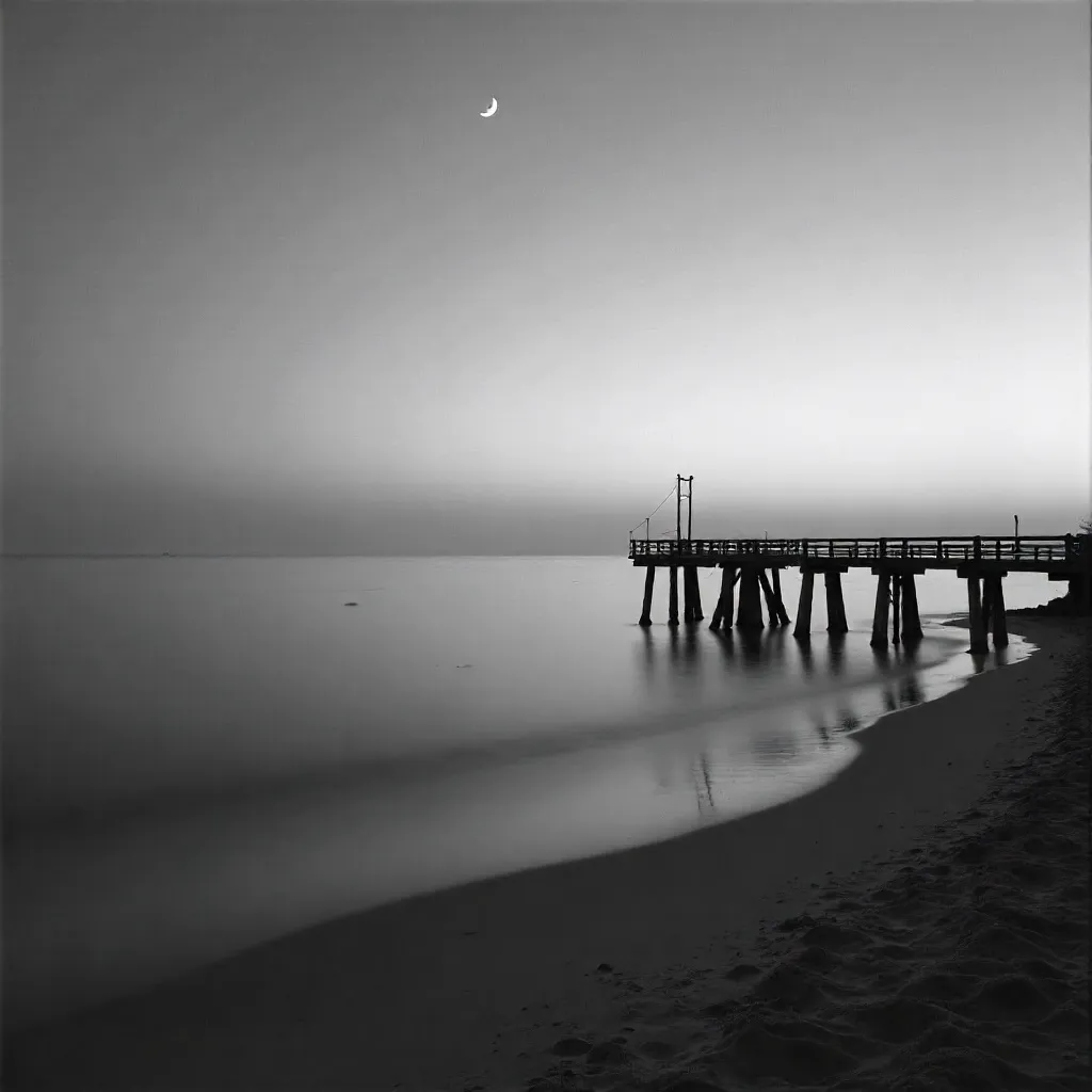 Moonlit Crescent over a Dusk Beach with Pier