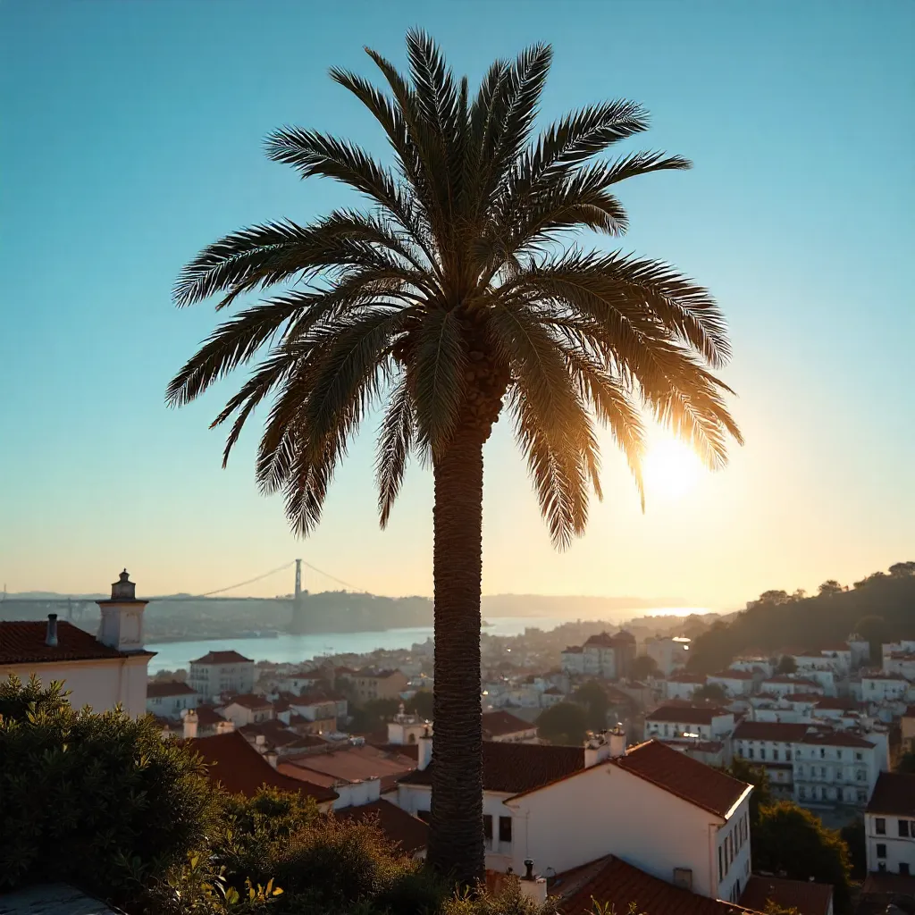 Palm Tree Silhouette in Lisbon's Clear Winter Sun