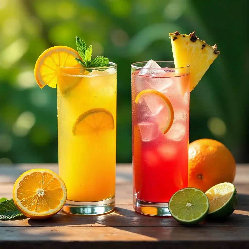 Two Citrus and Tropical Drinks on Textured Table