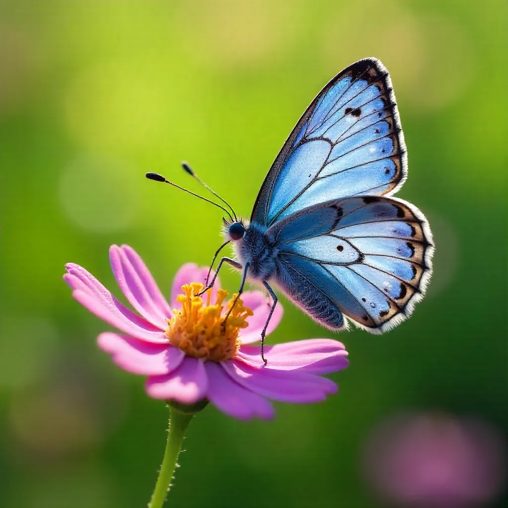 Macro Close-Up of a Blue Butterfly on a Pink Wildflower