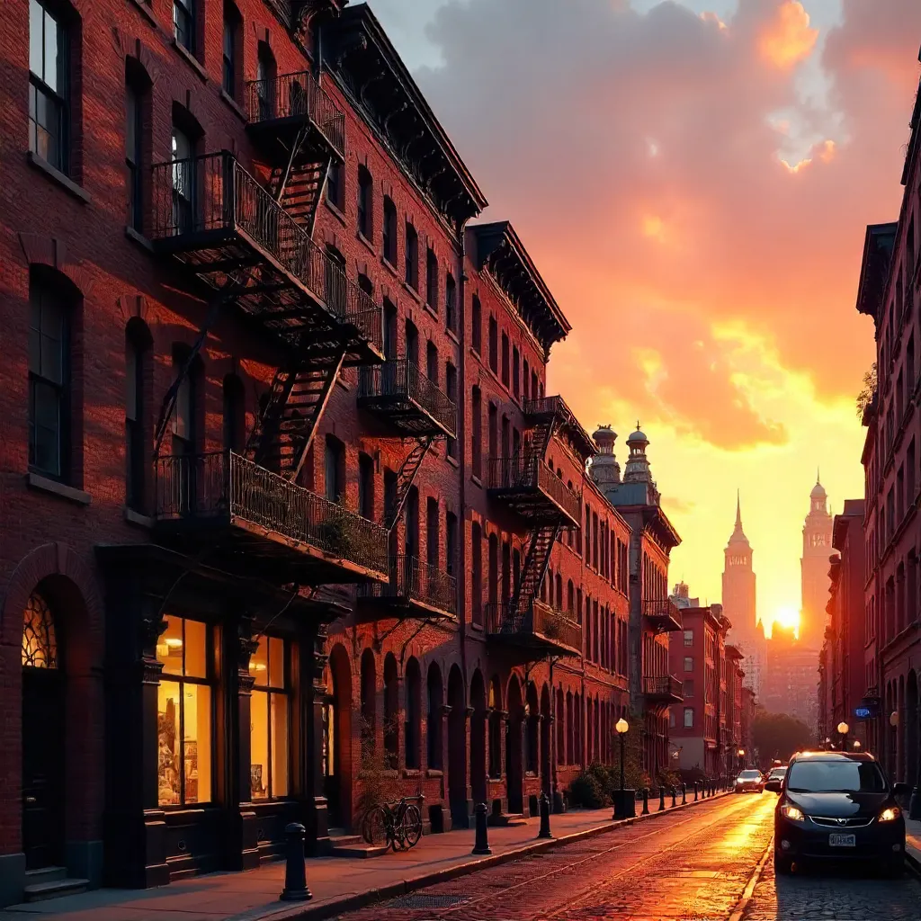 Sunset Over Elegant Brick NYC with Fire Escapes