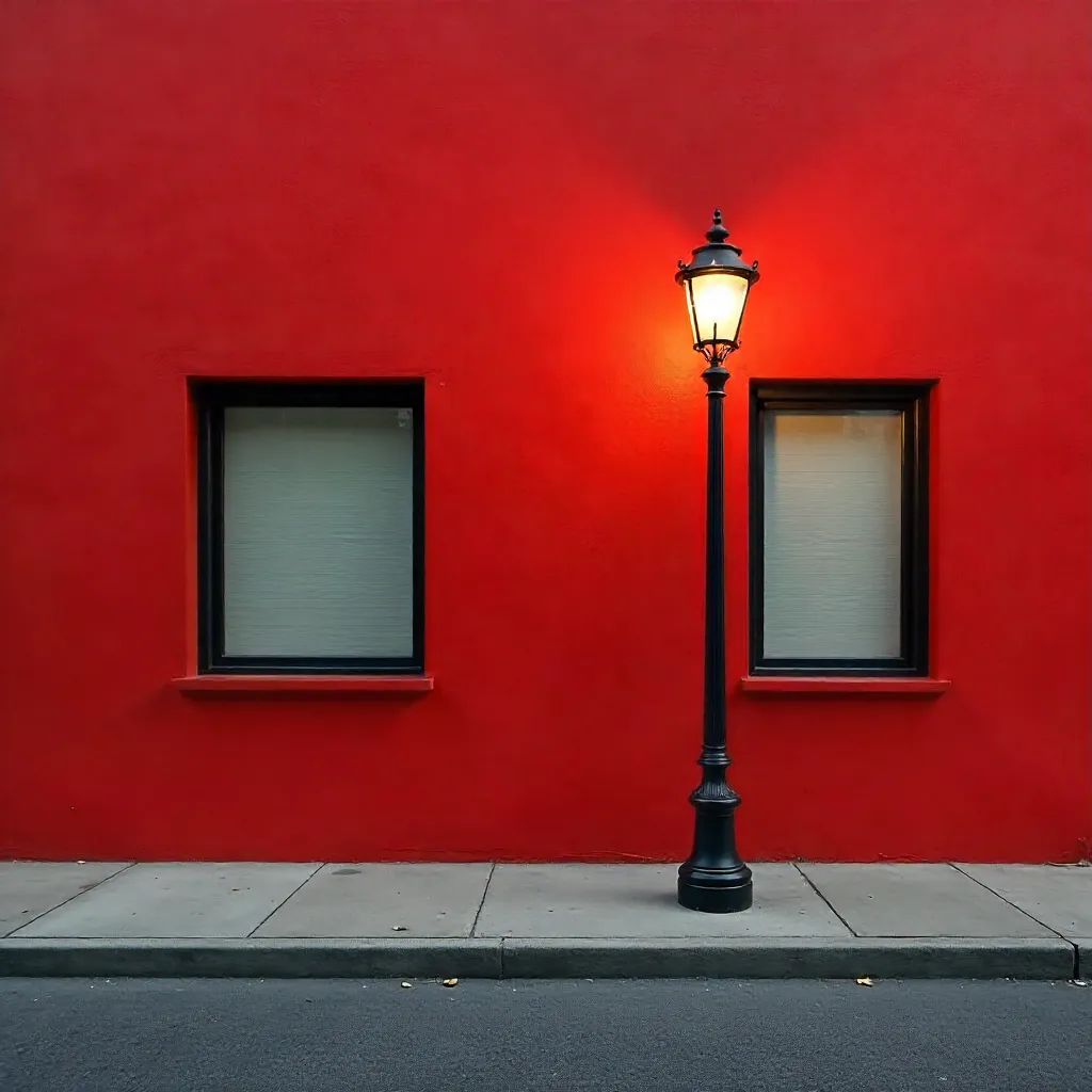 Minimalist Urban Red Wall with Window and Lamp
