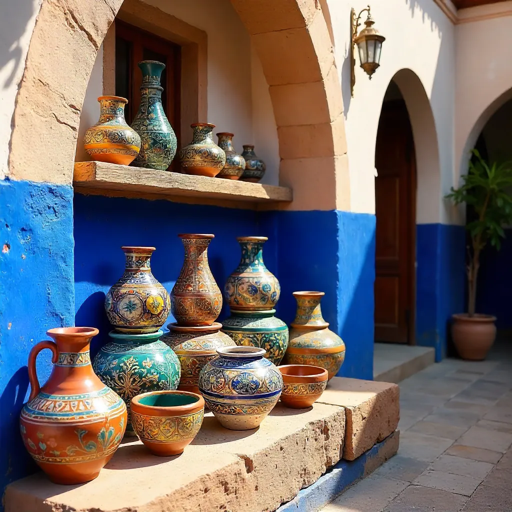 Colorful Moroccan Pottery on a Vibrant Marrakech Wall