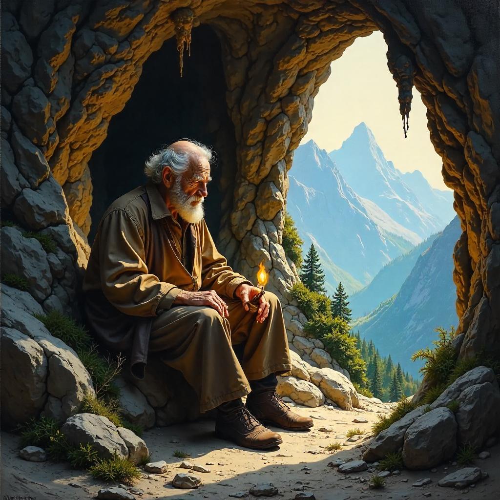 Elderly Figure in a Mountain Cave - Oil Painting