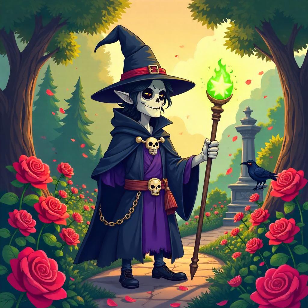 Cartoon Necromancer in a Rose Garden at Twilight