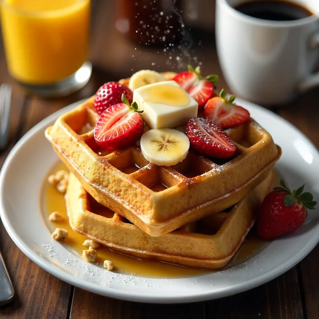 Golden Belgian Waffles with Fresh Strawberries and Bananas