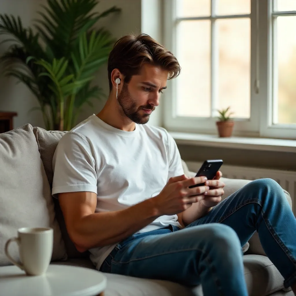 Casual Young Man with Wireless Earbuds Indoors