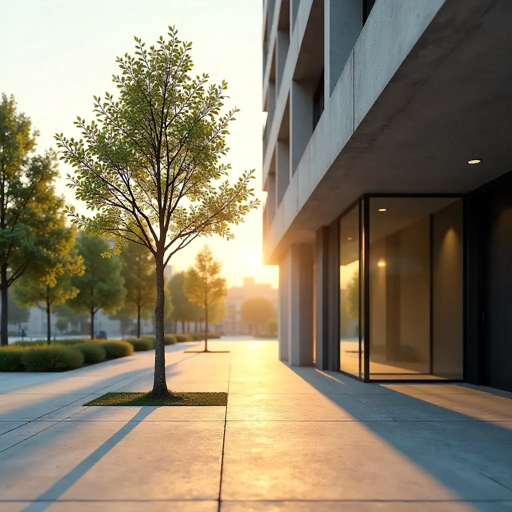 Delicate Tree beside Modern Structure: Intriguing Shadows