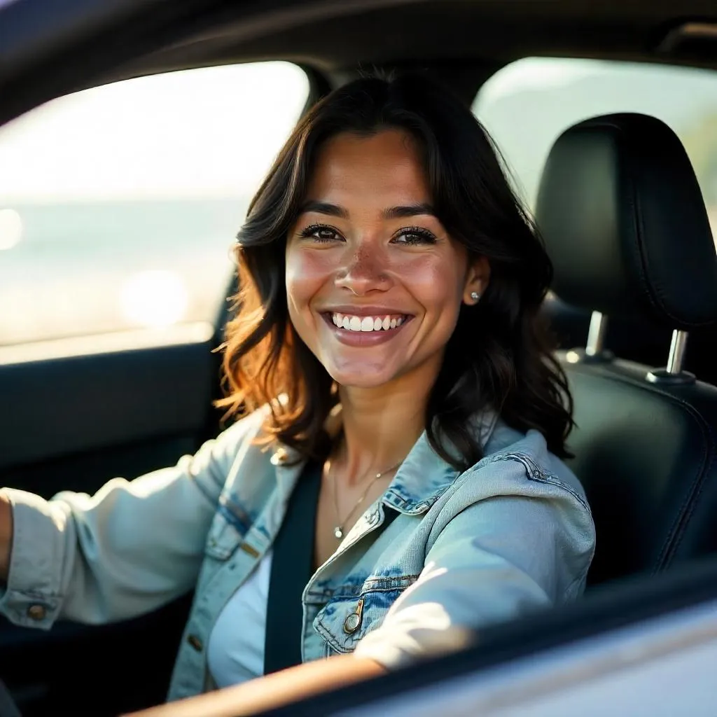Cheerful Latina Woman in a Car - Photorealistic